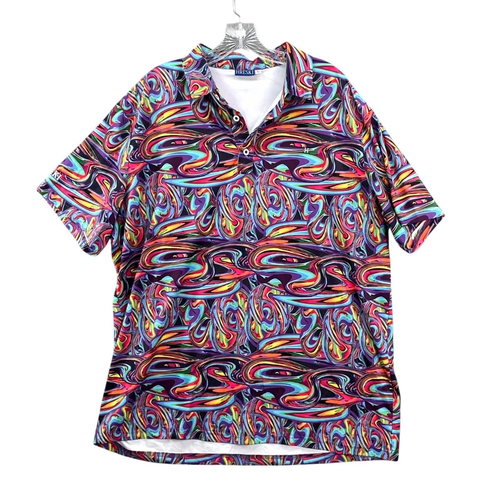 Hreski Polo Shirt Men XL Multicolor Abstract Swirl Preppy Athleisure Golf Sports